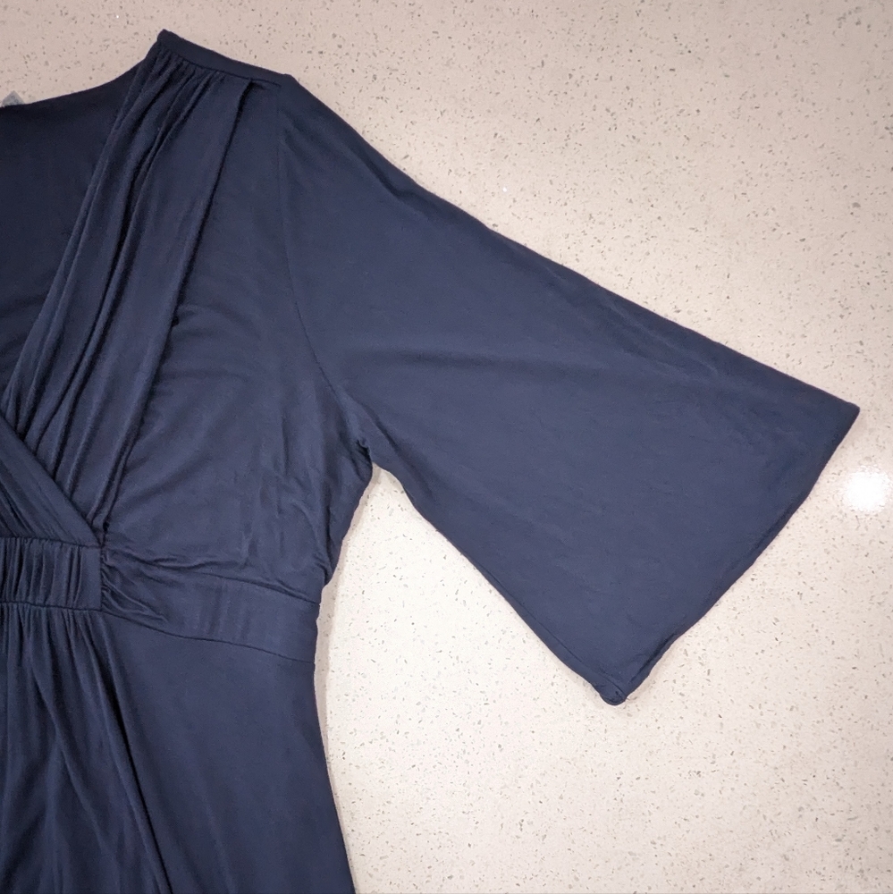 Boden Navy Blue Draped Jersey Midi Dress 3/4 Bell Sleeve Faux Wrap Stretch 16R - Picture 7 of 11